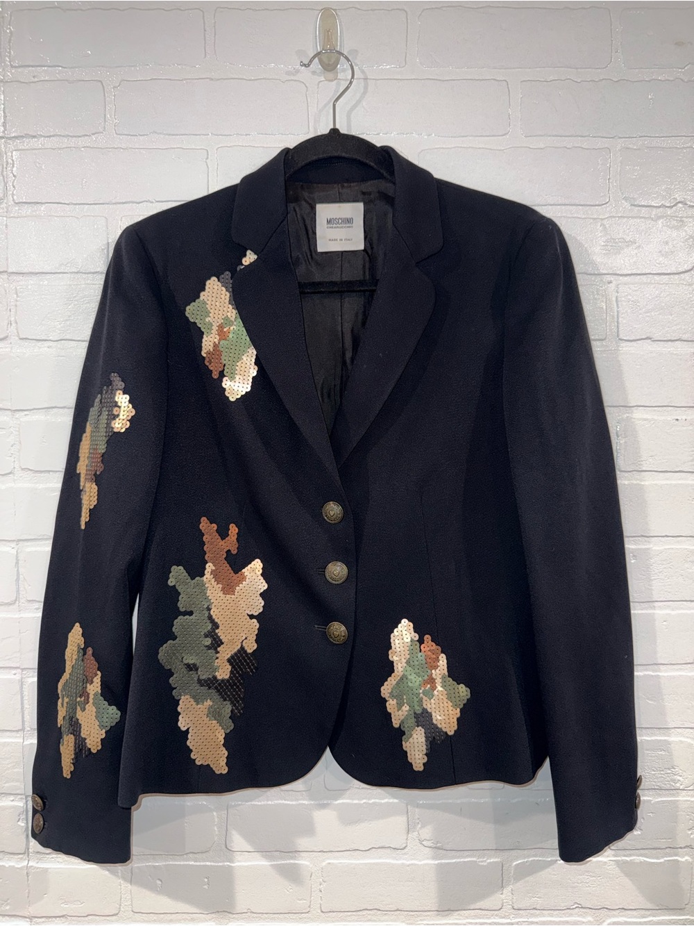 Moschino Vintage 1995 Black Blazer with Camo Sequin Patches Made in Italy